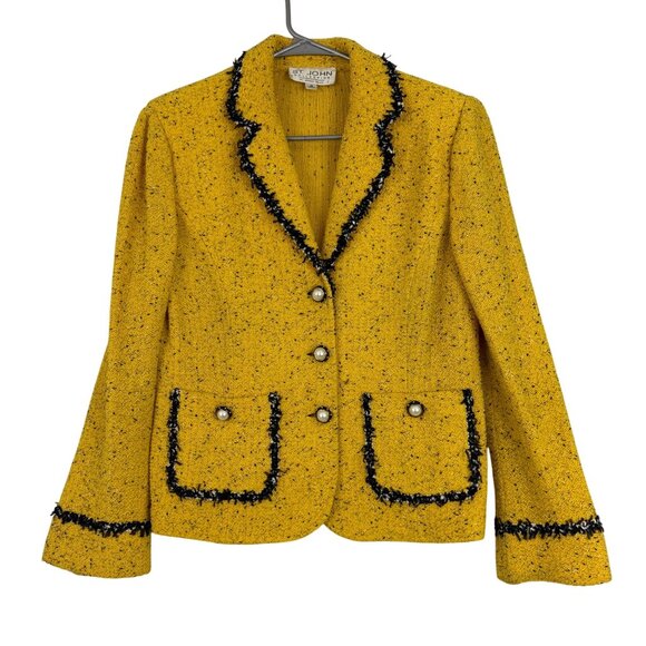 St. John Collection Jacket Women's 12 Yellow Tweed Blazer Pearl Button Pockets - Picture 1 of 16